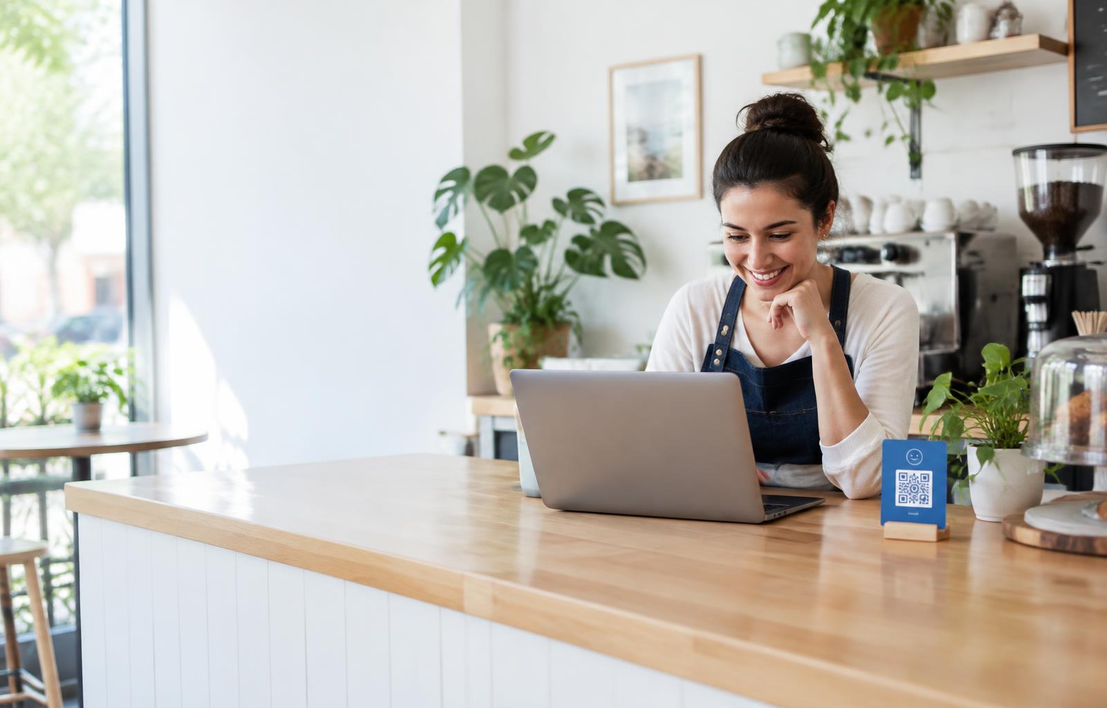 A cafe owner working at the counter beside a customer feedback QR card
